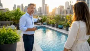Real estate agent presenting modern rectangular pool