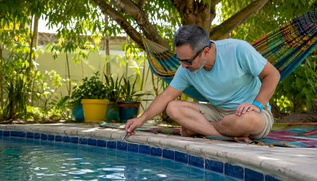 Man inspecting pool tiles waterline
