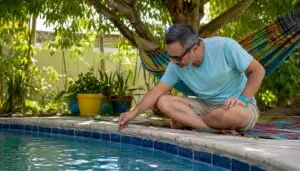 Man inspecting pool tiles waterline