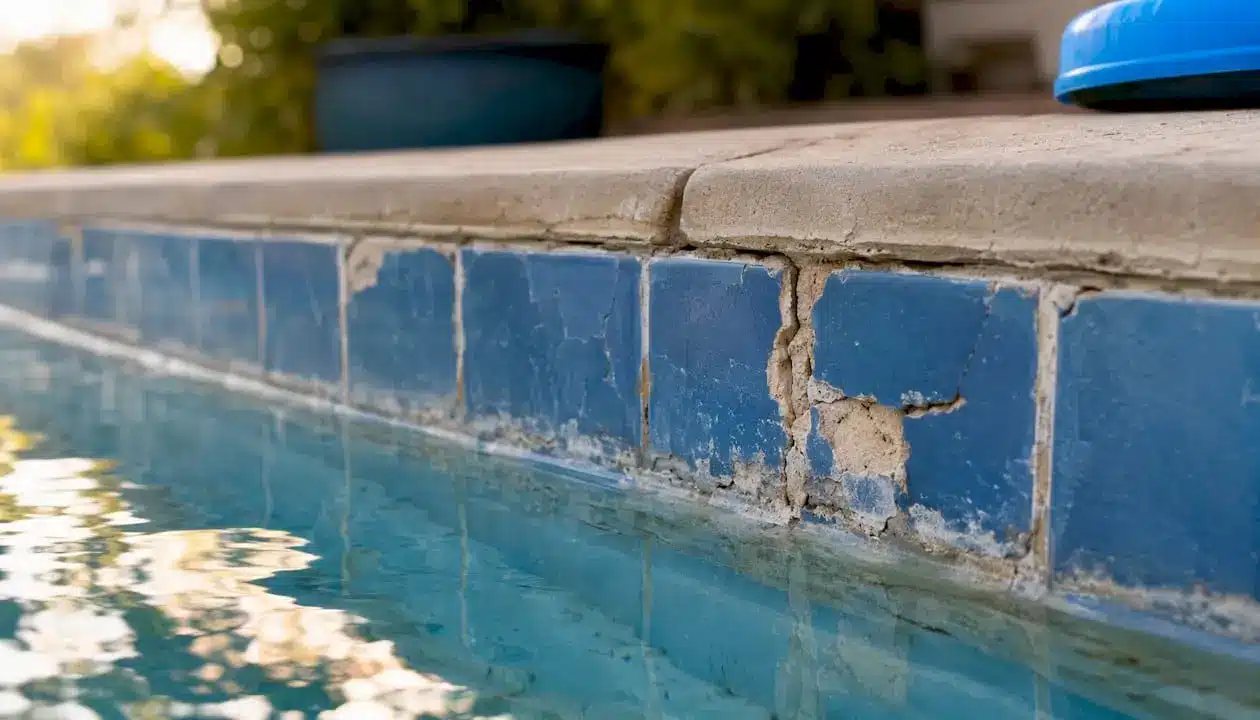 Close-up of damaged pool waterline tiles