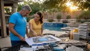 Homeowners reviewing pool renovation plan outdoors