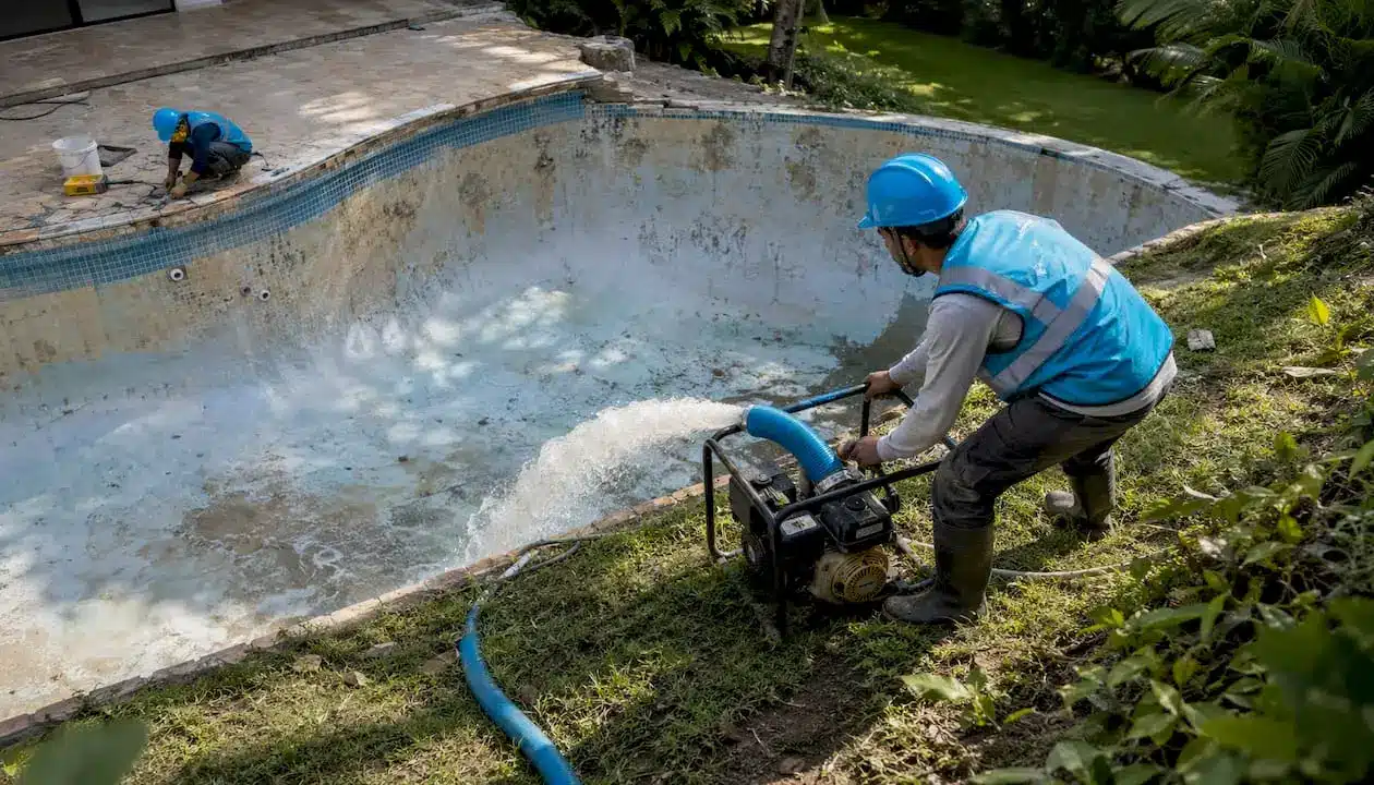 Worker draining and demolishing residential pool