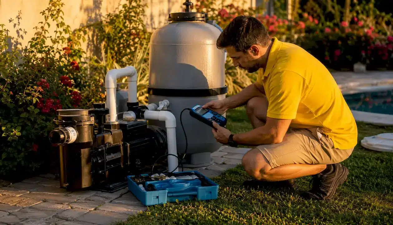 Technician testing new pool equipment outdoors