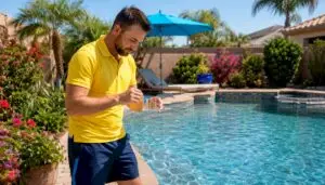 Pool technician testing water at residential pool