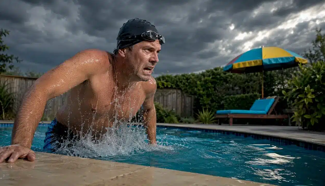 Swimmer leaving pool near storm clouds