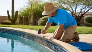 Contractor inspecting discolored pool tiles at waterline