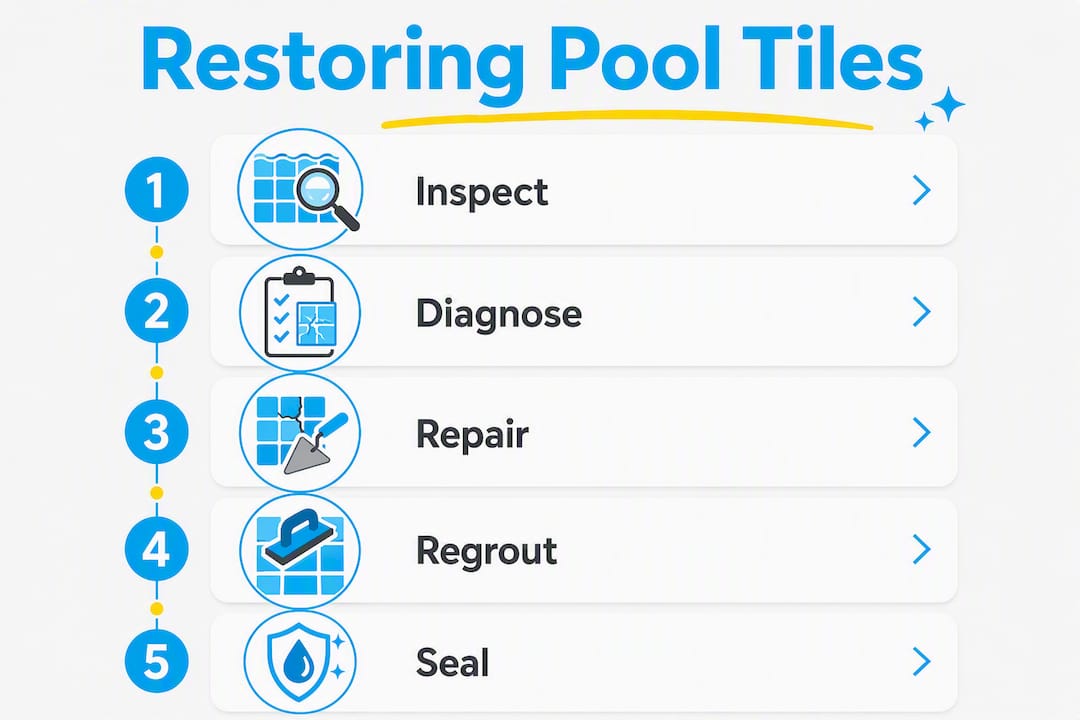 Infographic illustrating pool tile restoration steps