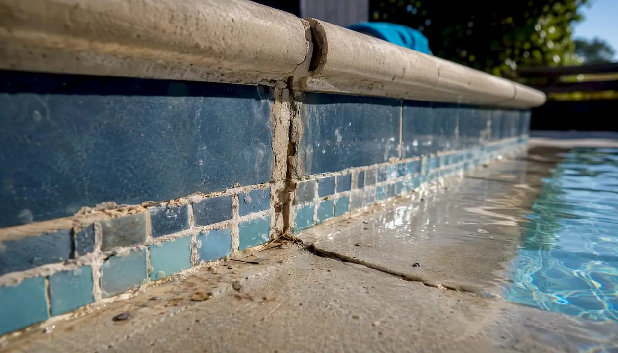 Close-up of cracked grout and damaged expansion joints