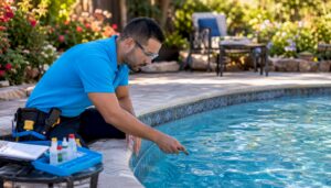 Pool technician inspecting pool grout closely