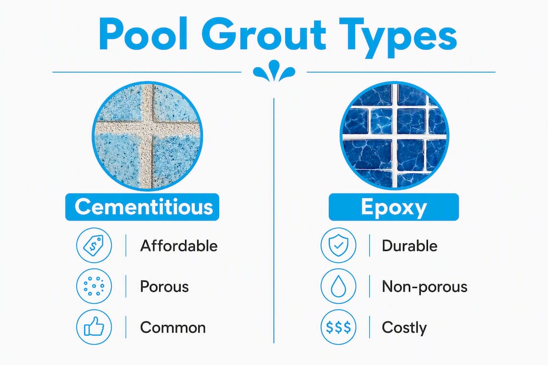 Infographic comparing cementitious and epoxy pool grout