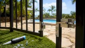 Close-up of pool gate latch and hinge hardware