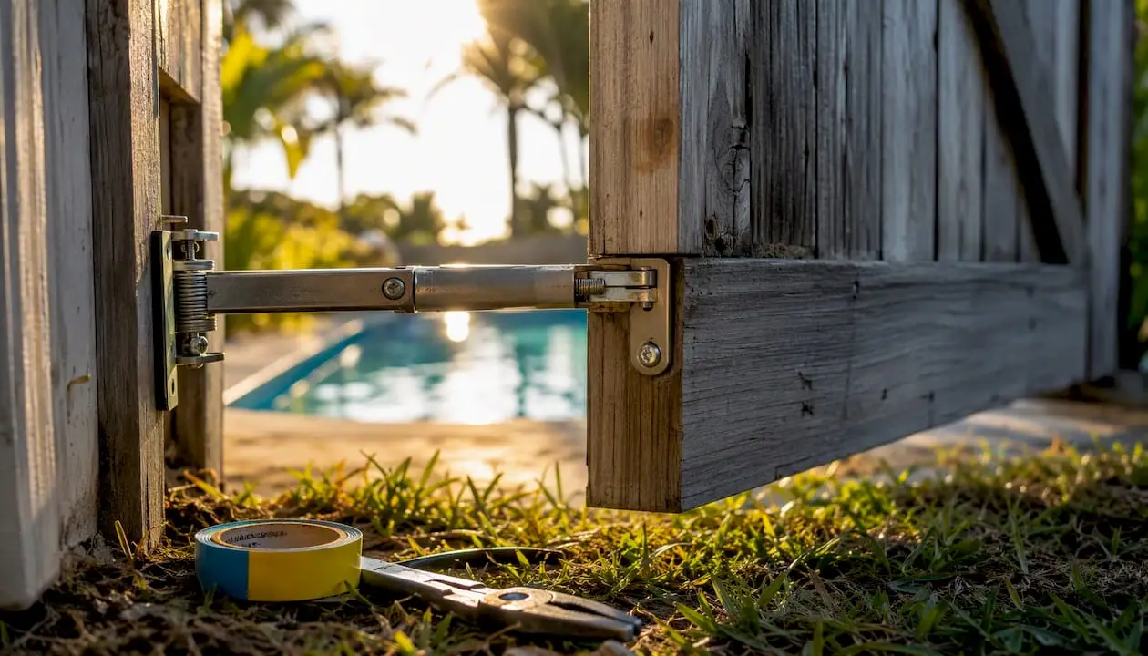 Spring-loaded self-closing hinge on pool gate