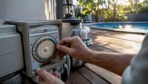 Hands adjusting mechanical pool pump timer outdoors