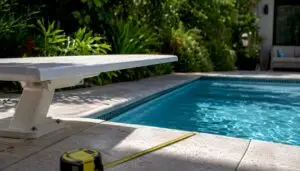 Diving board over pool showing water depth and measurement