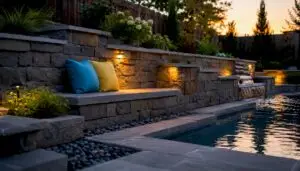 Stone retaining wall by backyard pool on slope
