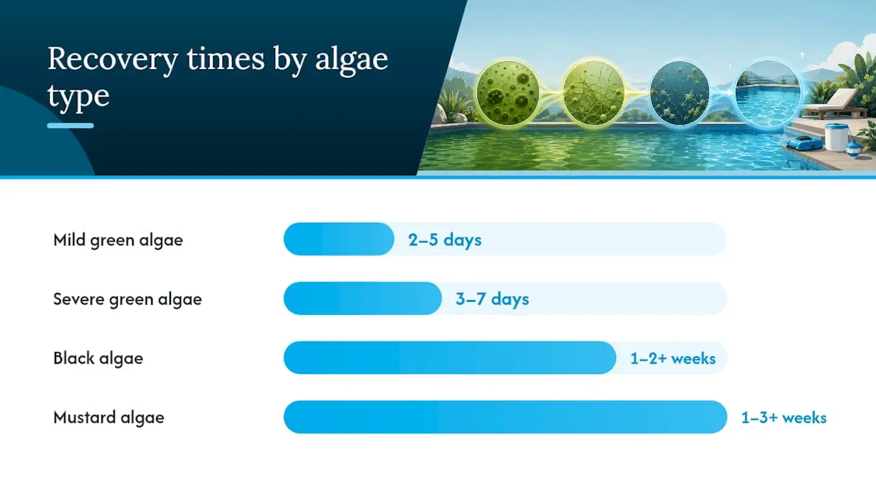 Diagram showing algae types with recovery times and treatment notes