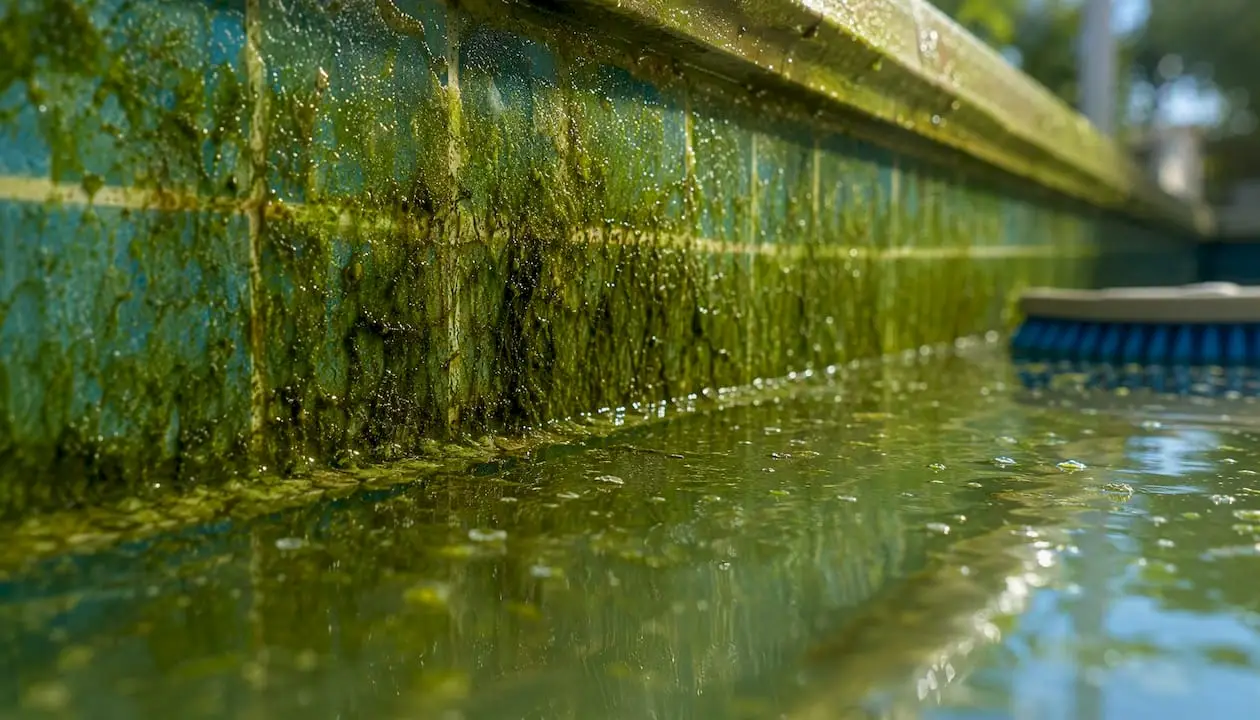 Close-up of green algae on pool wall and cloudy water