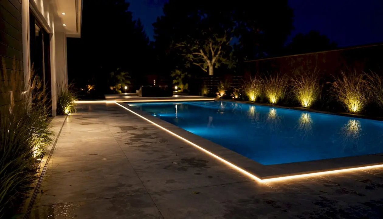Modern backyard pool with LED edge lighting
