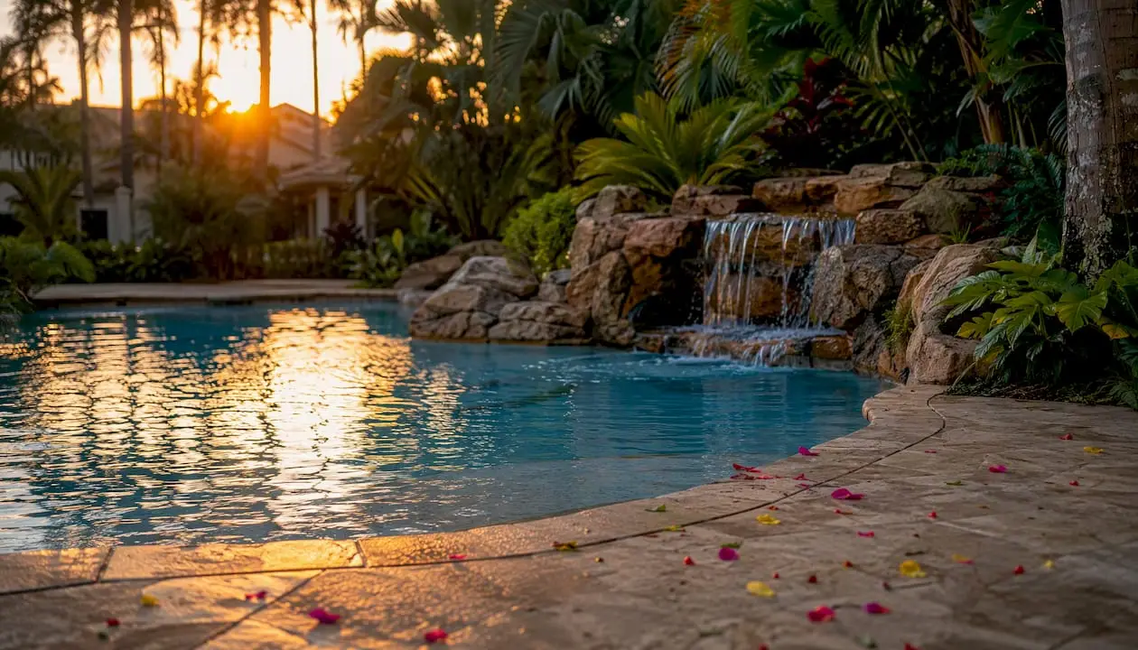 Pool waterfall and tropical plants in backyard
