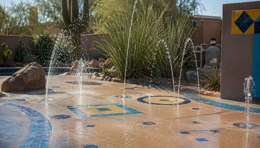 Splash pad water jets in Phoenix backyard