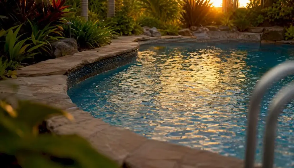 Textured pebble pool surface with water edge
