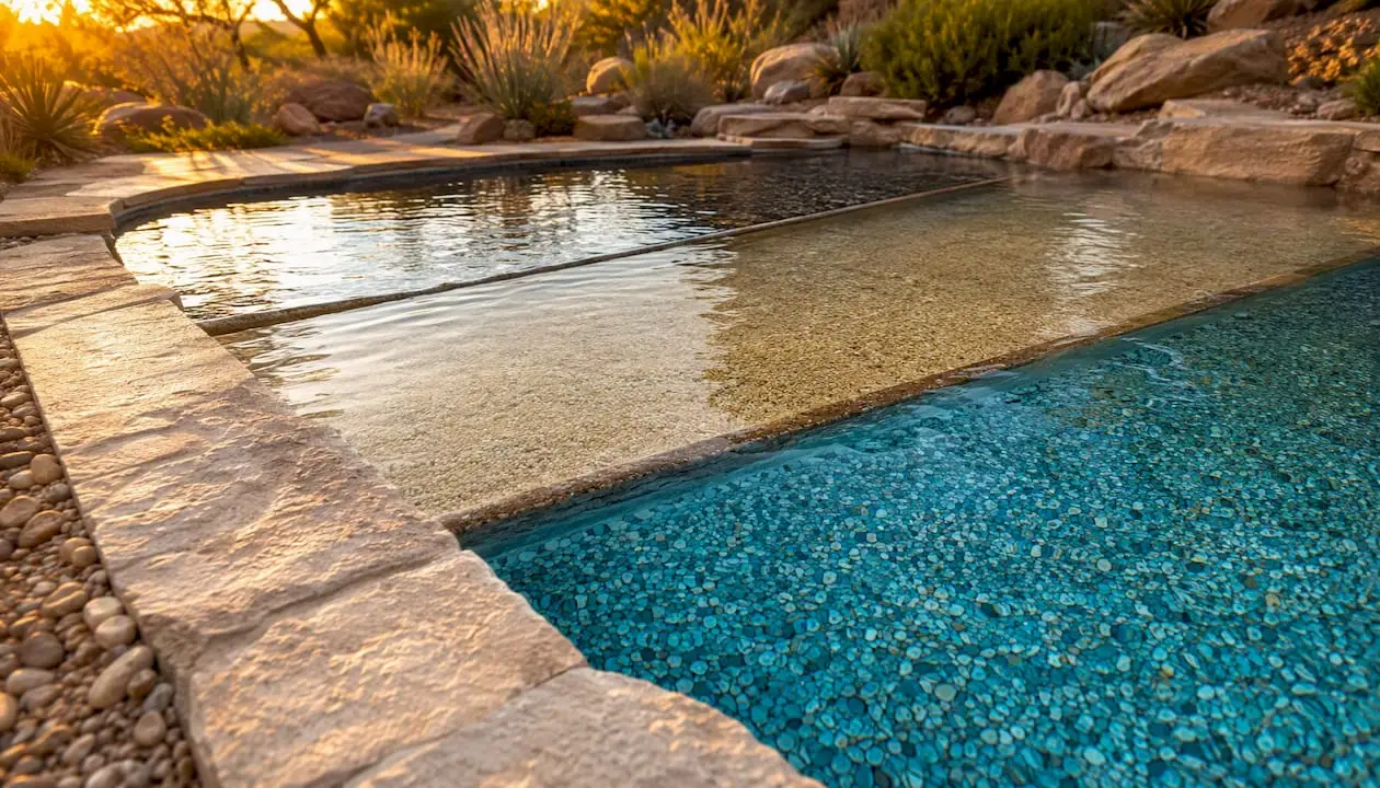 Pool water color variations from different pebble blends