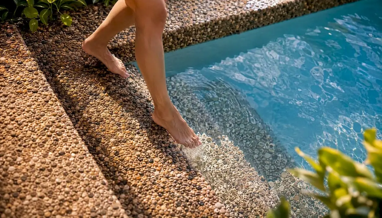 Bare feet on textured pebble pool step surface