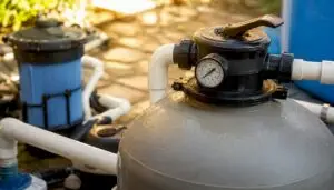 Pool filter equipment close-up with gauges