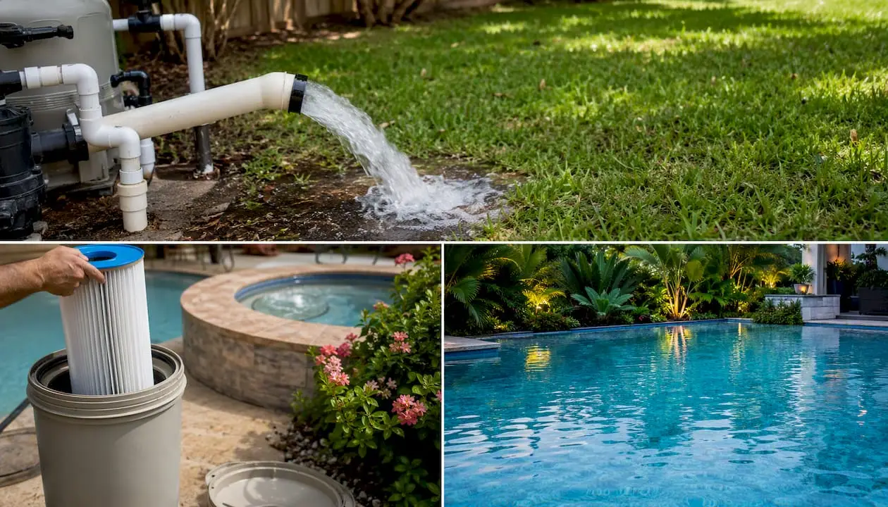Pool scenes showing debris, spa, and clean water