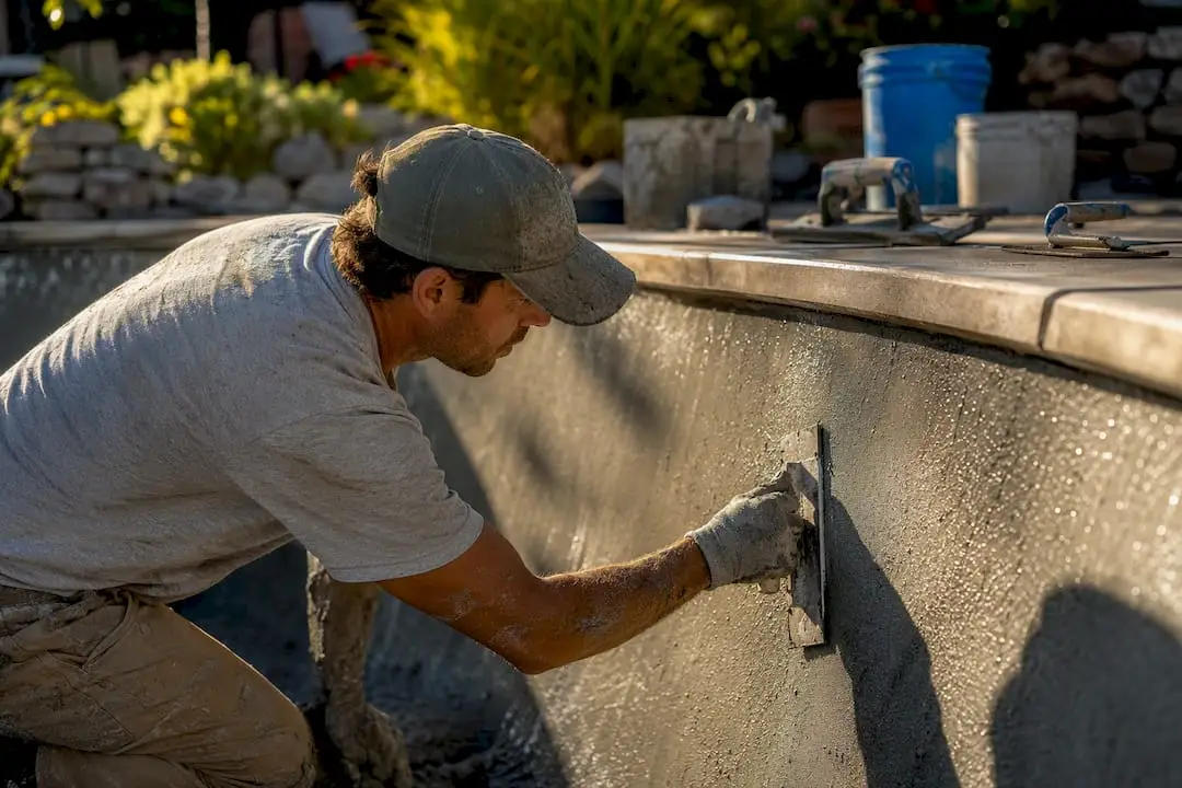 Worker smoothing gunite pool surface