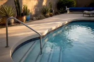 Residential pool safe entry steps with handrail