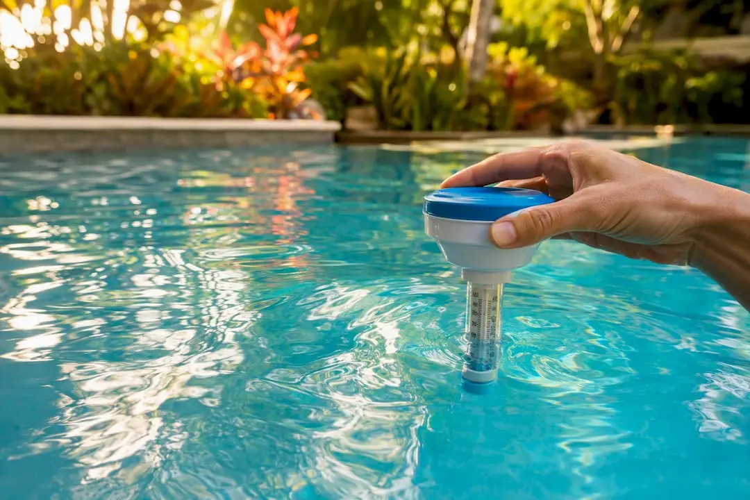 Floating pool thermometer measuring water temperature