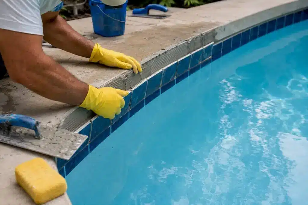 Hands applying pool waterline tiles