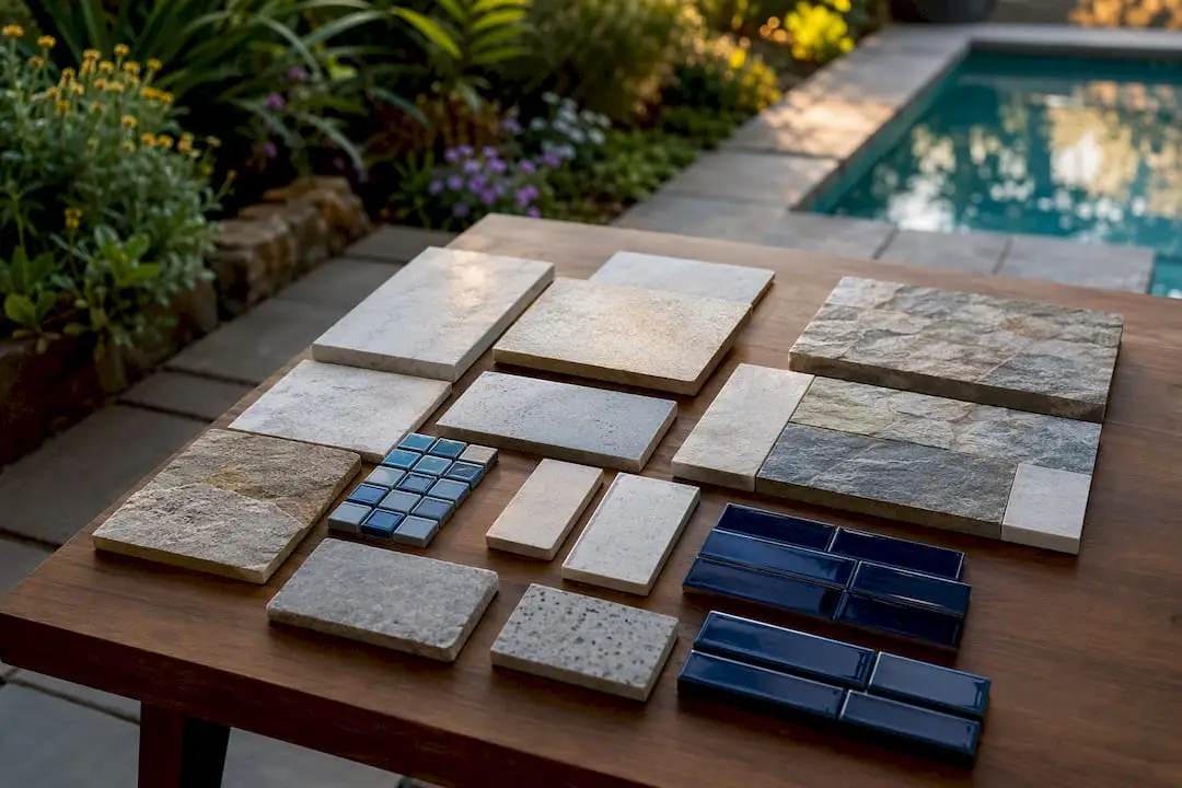 Natural stone and porcelain pool tile samples