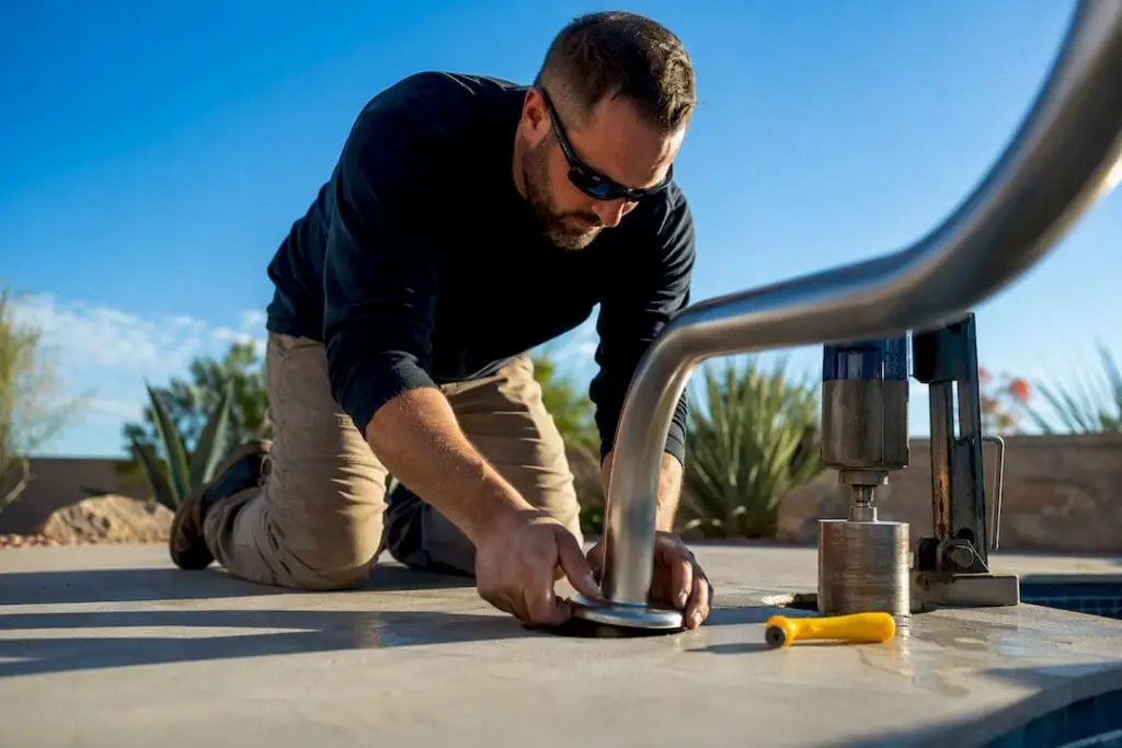 Installer fitting pool handrail anchor