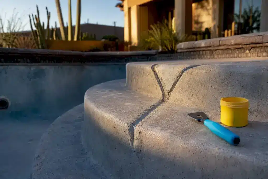 Cracked pool step prepared for repair