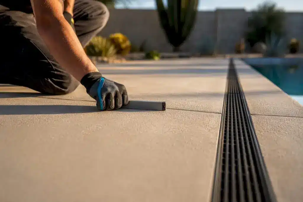 Hand checking slope toward pool deck drain
