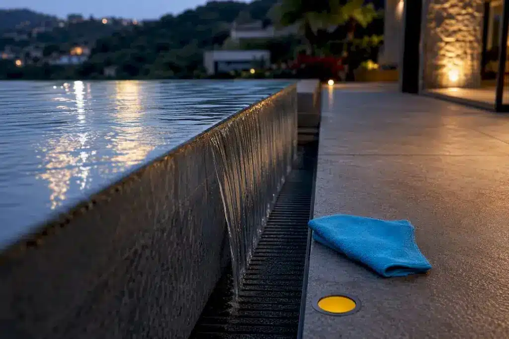 Water flowing over a zero-edge pool edge
