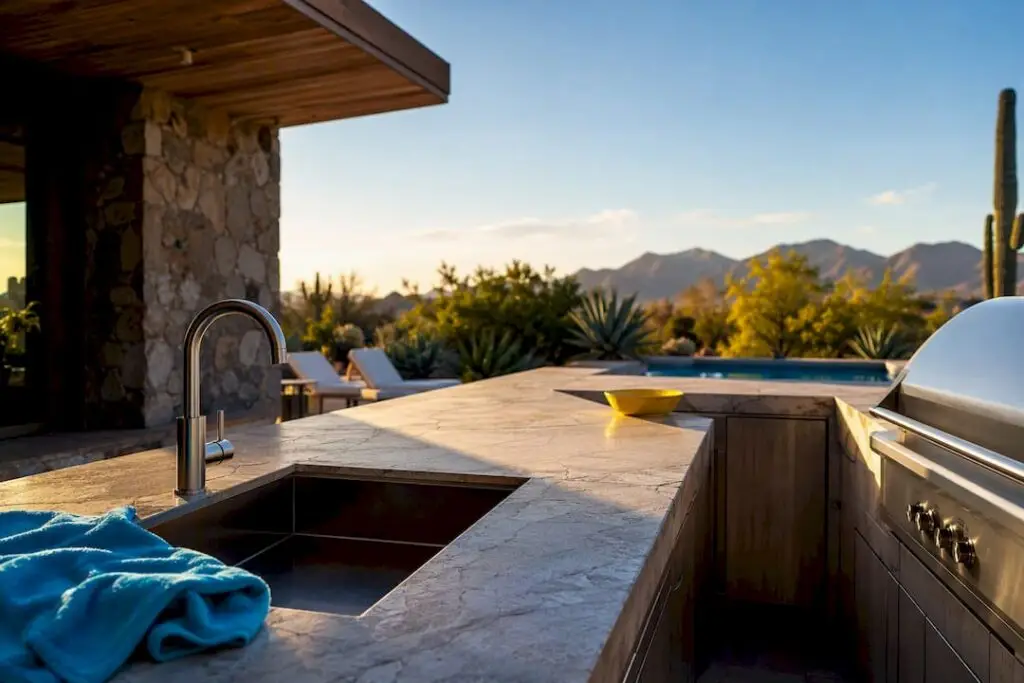 Remodeled poolside outdoor kitchen beside pool