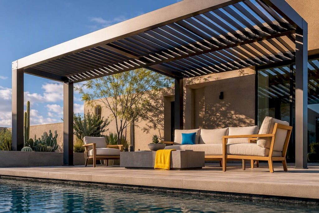 Pergola shading a desert pool deck