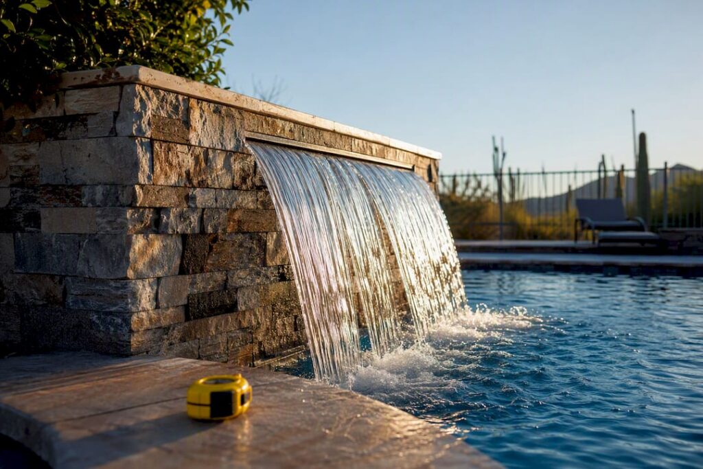 Retrofitted pool waterfall in Phoenix backyard