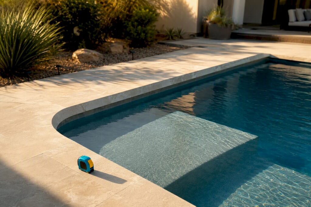 Modern geometric pool with tanning ledge