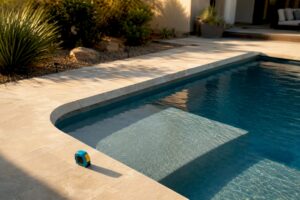 Modern geometric pool with tanning ledge