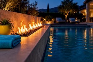 Poolside fire feature glowing beside dark water