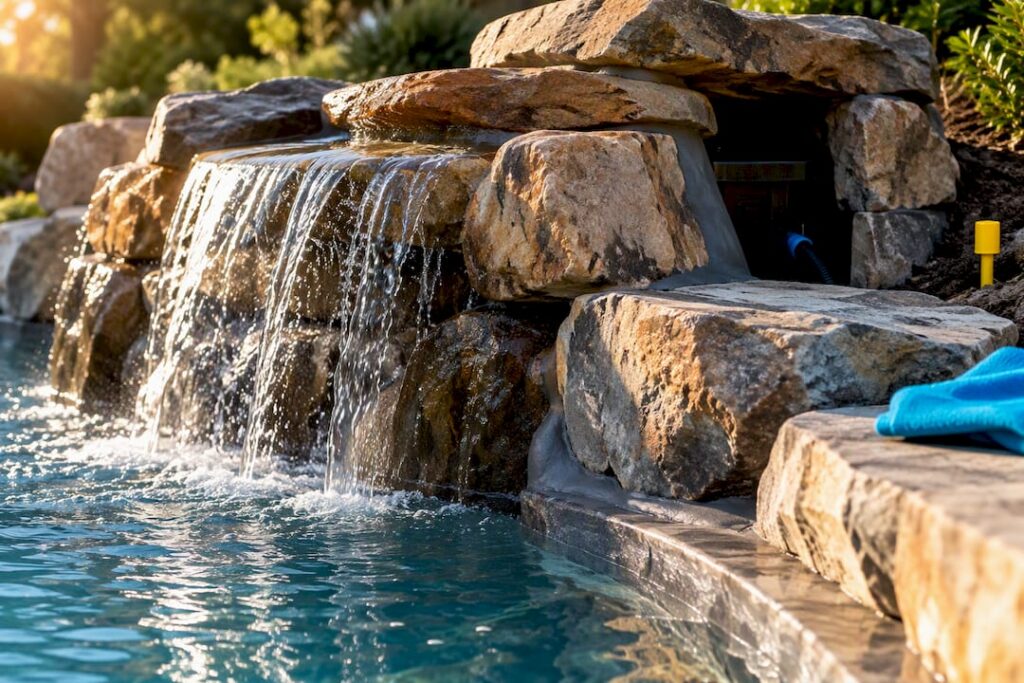 Handcrafted rock waterfall under pool remodel