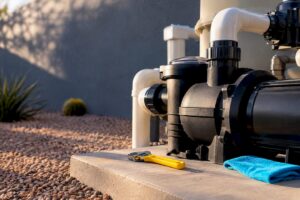 Cropped pool pump equipment in desert sunlight