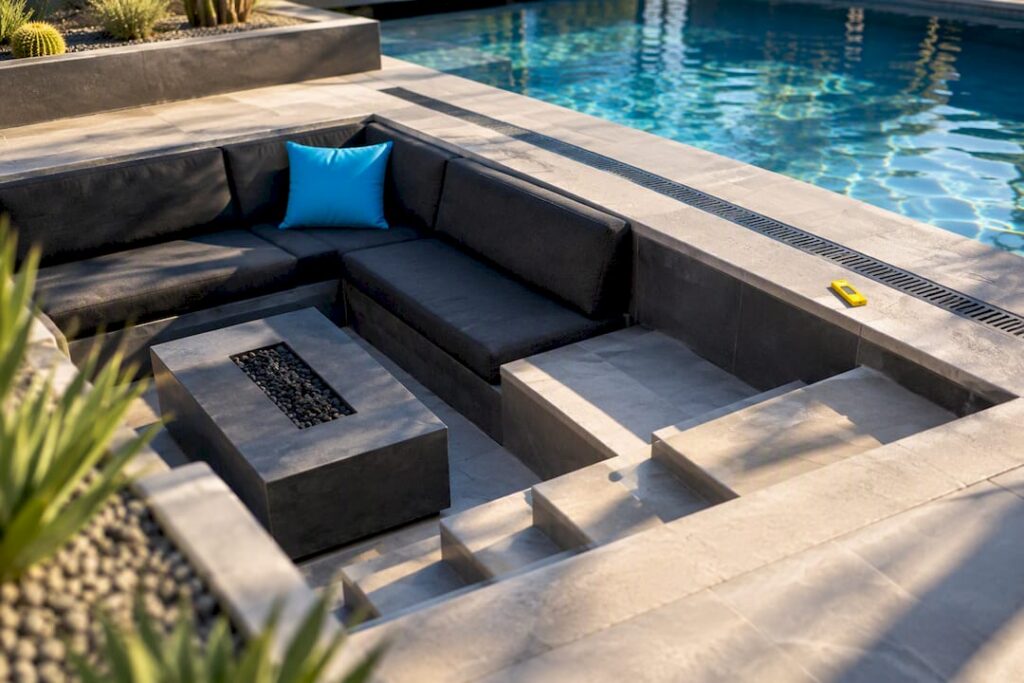 Recessed pool lounge with drainage channel