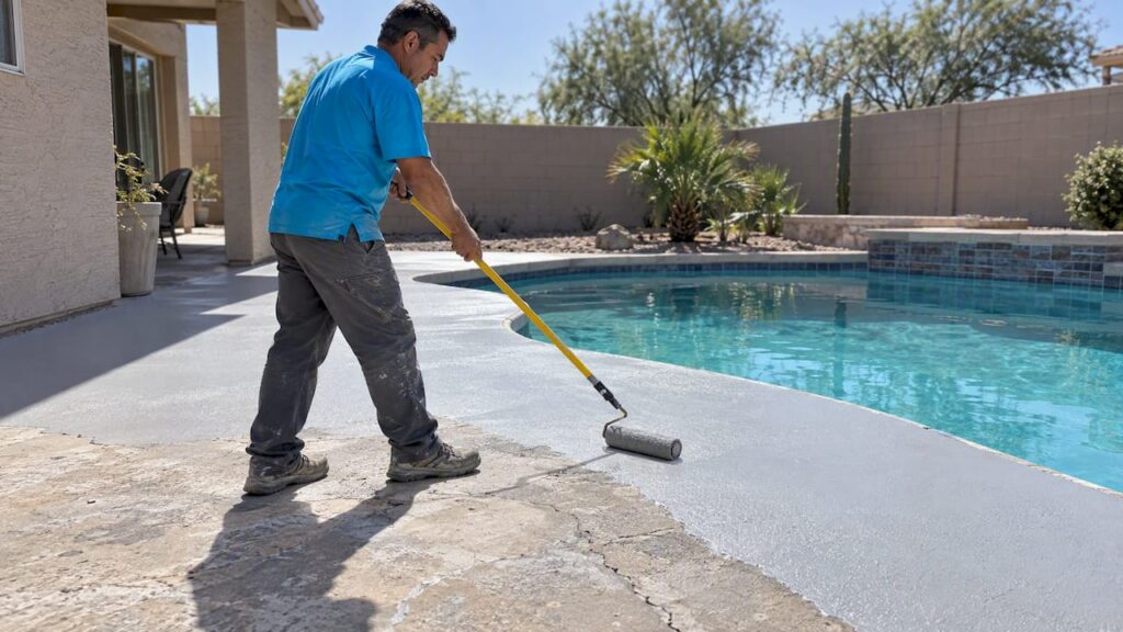 Contractor applying coating to Phoenix pool deck