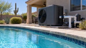Pool chiller installed beside a backyard swimming pool